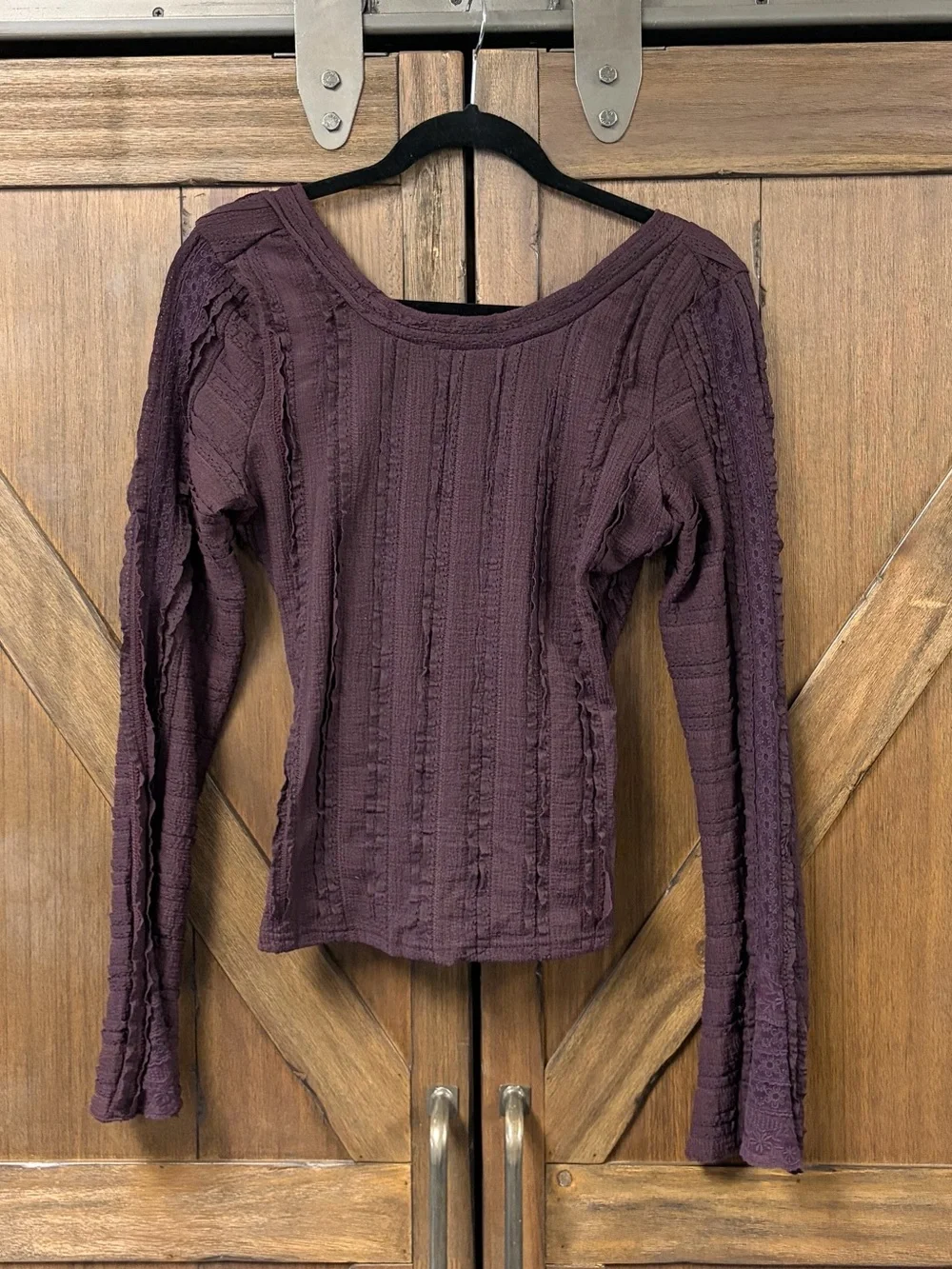 Free People Rocky Long Sleeve Textured Boho Top Wine Tasting Size Medium